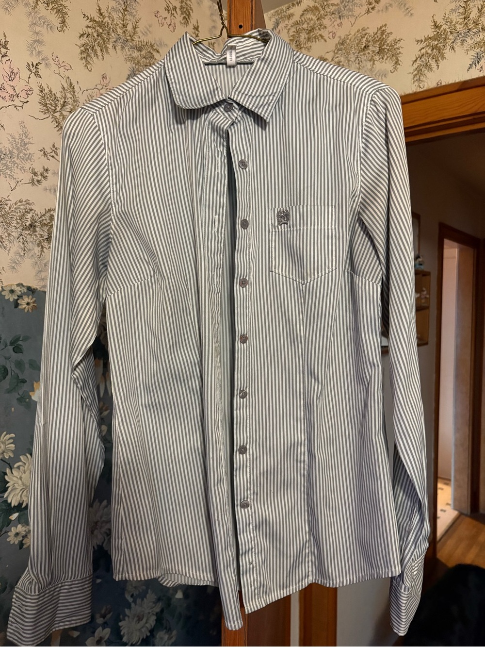 Men's or Women grey and White Striped Button-Up cinch Shirt